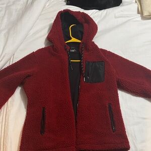 Red Sherpa Hoodie with Black Accents